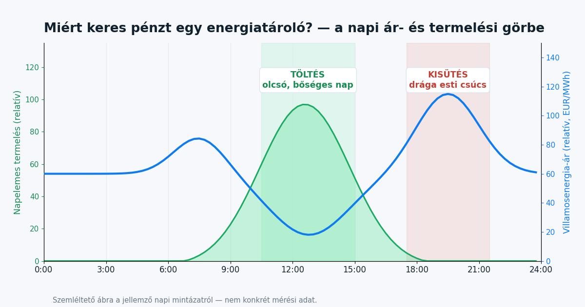 Szemlelteto abra az energiatarolo napi toltesi es kisutesi ciklusarol a napelemes termeles es az aramar fuggvenyeben